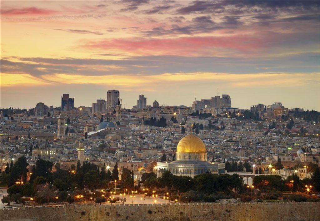 Panoramic view of Jerusalem Old City with Western Wall and golden Dome of the Rock from Mount of Olives