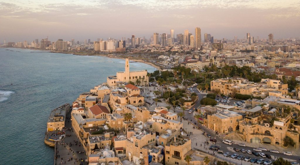 Jaffa Walking Tour aerial view of the ancient port city beside the Mediterranean Sea in Tel Aviv