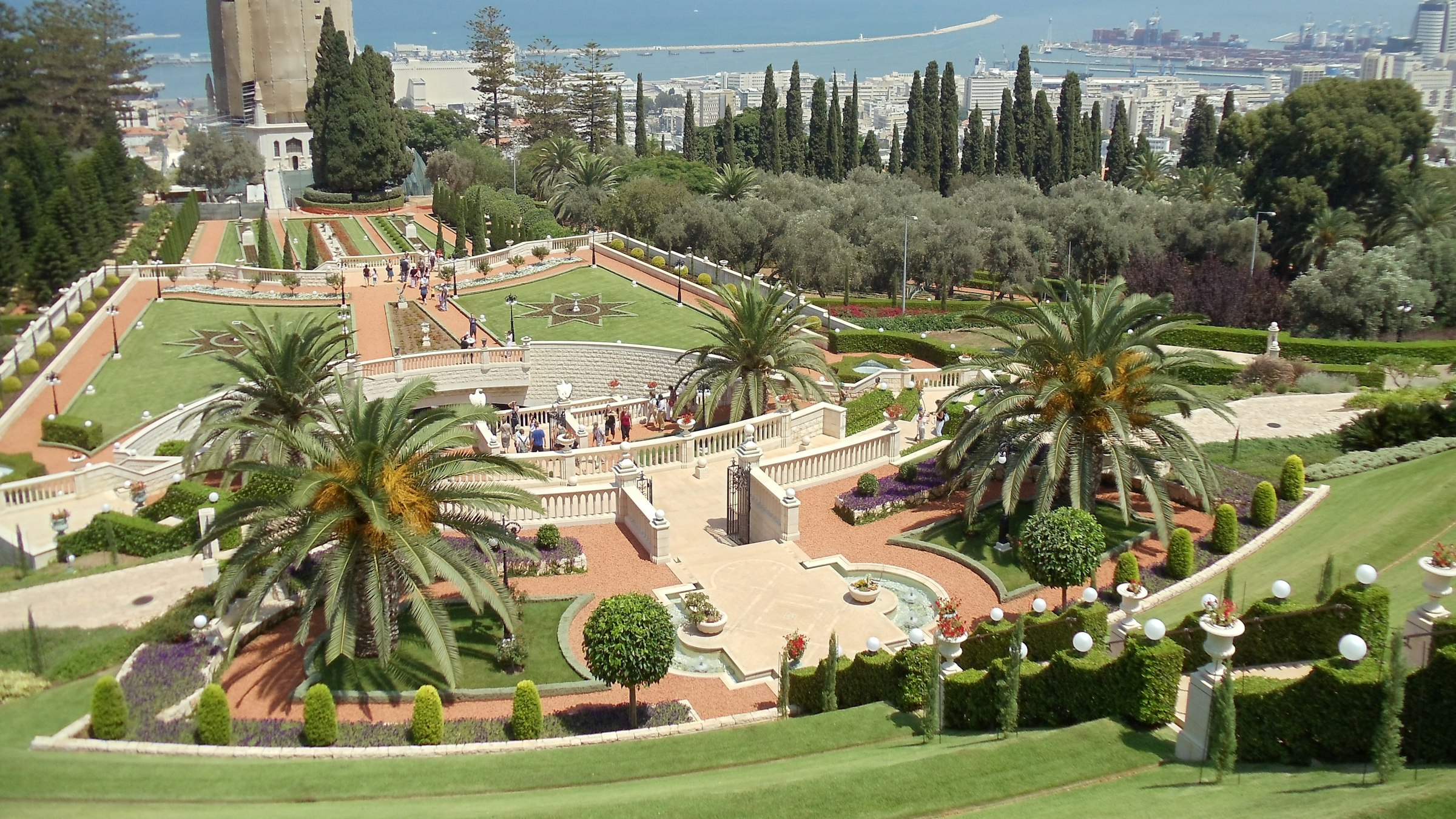 The terraces of the Bahai Gardens in Haifa descending toward the sea