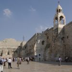 The stone exterior of the Church of the Nativity in Bethlehem, the birthplace of Jesus