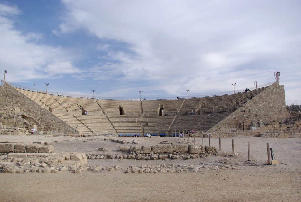 The restored Roman theater at Caesarea Maritima facing the Mediterranean Sea