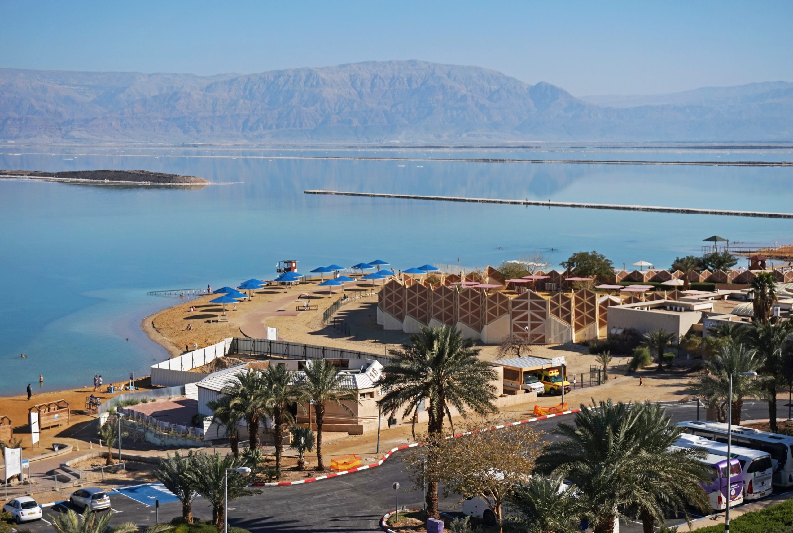 The resort beach at Ein Bokek where visitors apply Dead Sea mud