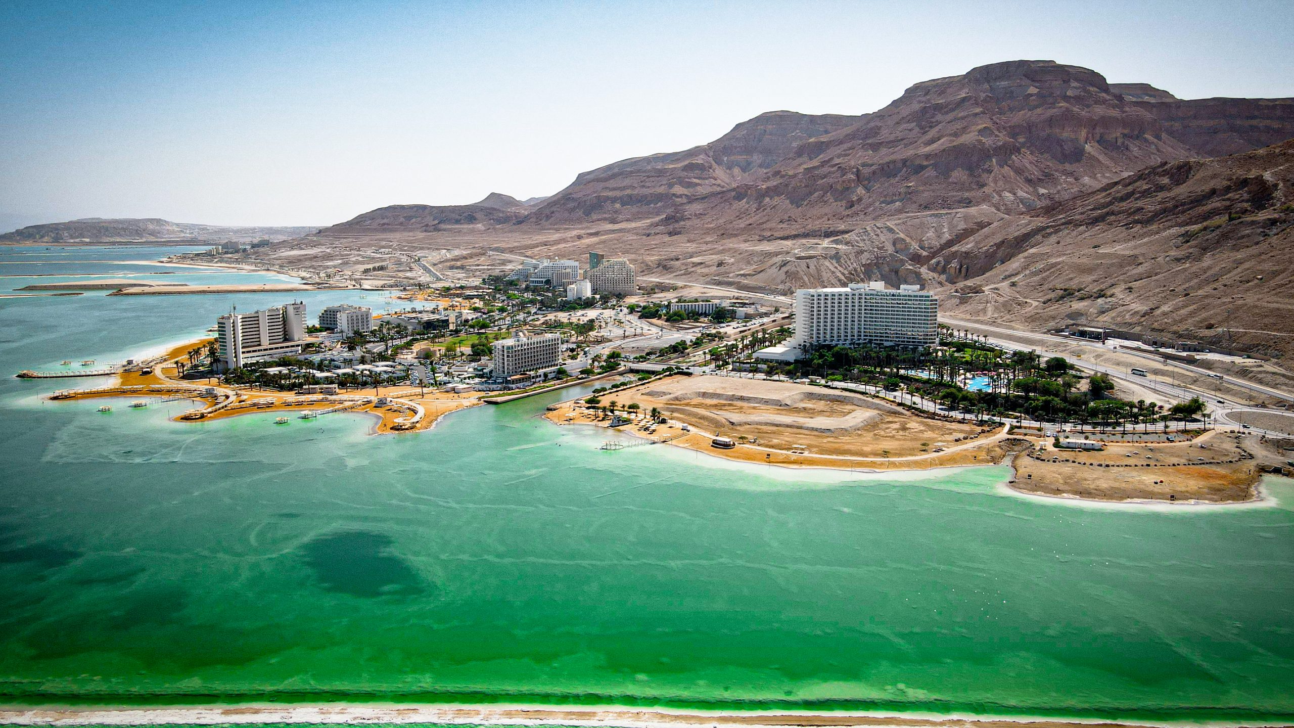 The hotel strip beside the Dead Sea beaches at Ein Bokek in Israel