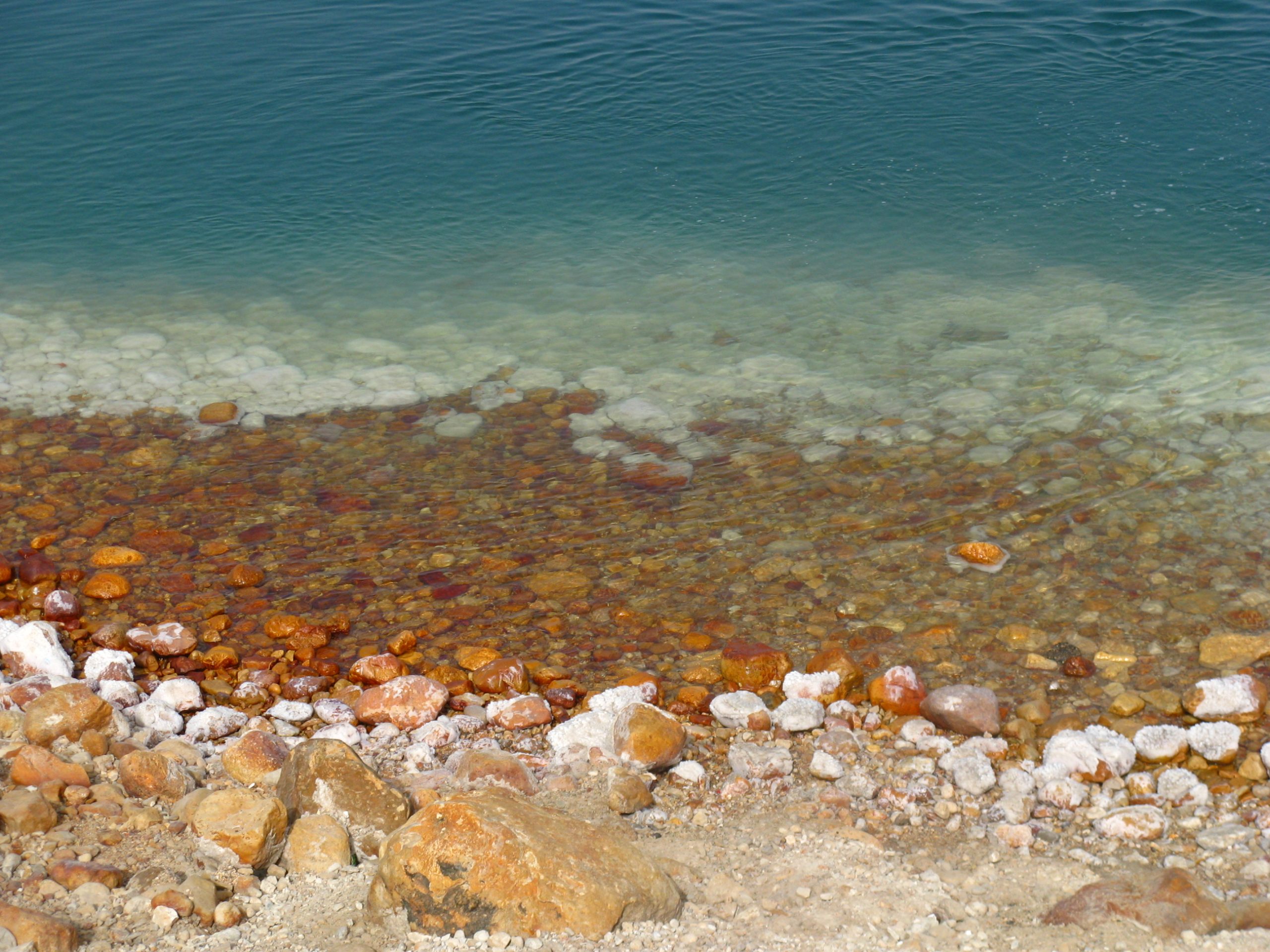 The Dead Sea in Israel at golden hour with salt formations along the mineral-rich shoreline and the Judean hills behind