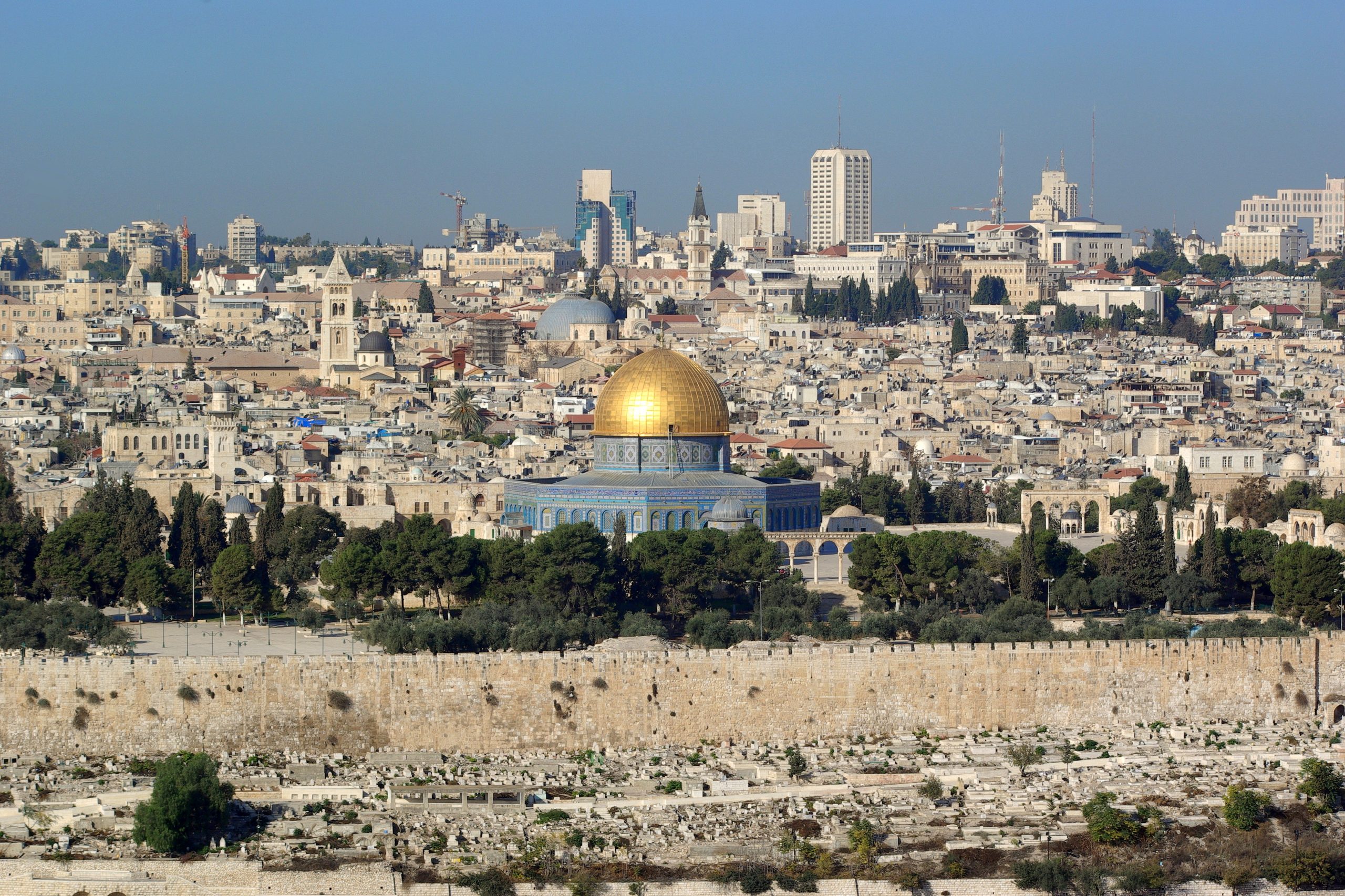 Close view of the Dome of the Rock with its blue tilework and golden dome on the Temple Mount in Jerusalem