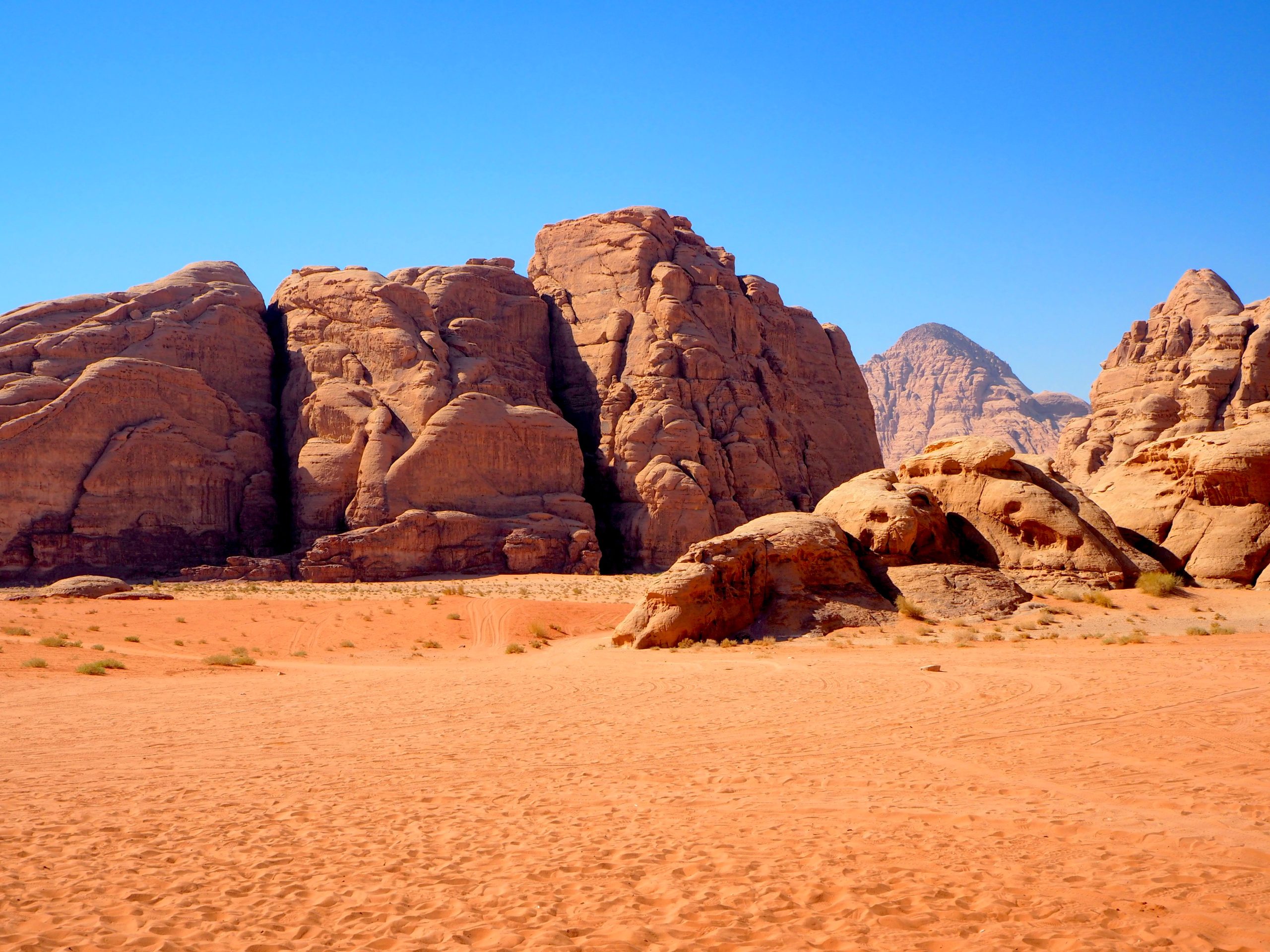 The red sand and sandstone mountains of Wadi Rum desert in Jordan, a day trip from Eilat
