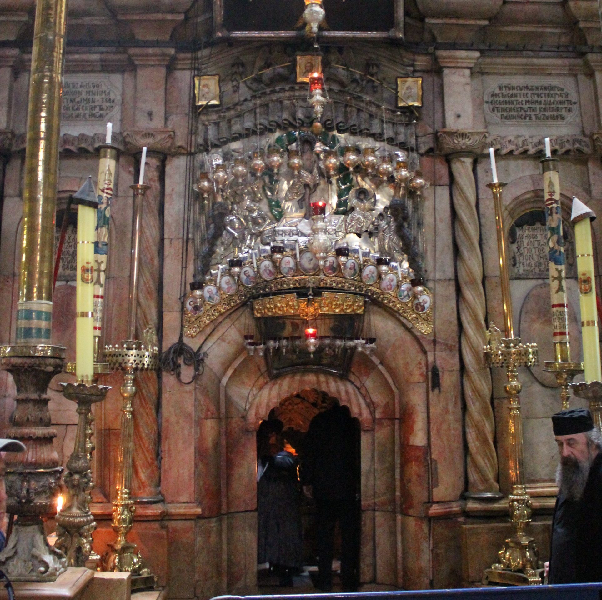 The Aedicule, the ornate shrine enclosing the Tomb of Jesus, beneath the rotunda of the Church of the Holy Sepulchre