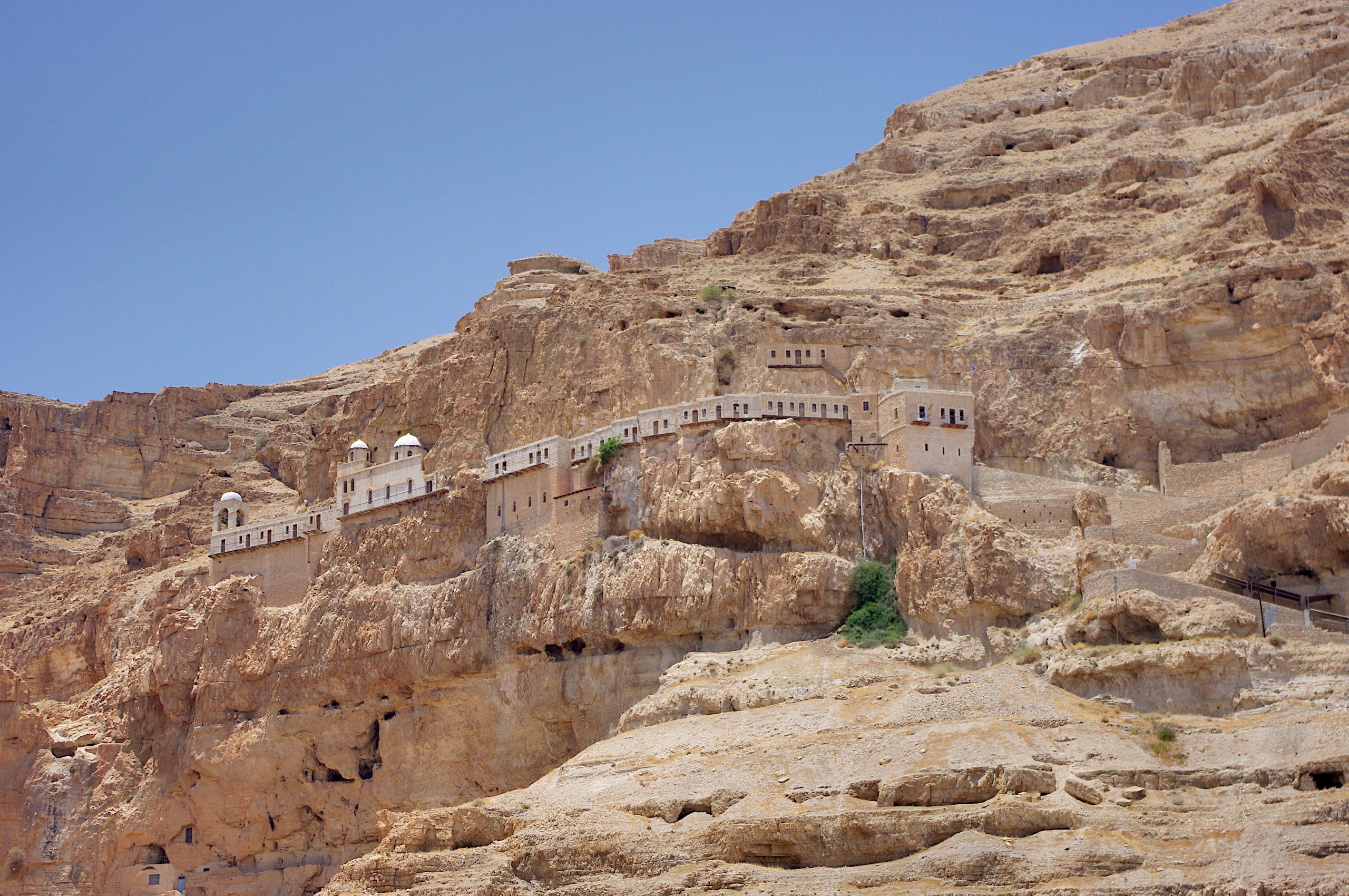 The Greek Orthodox Monastery of the Temptation built into the cliff face of the Mount of Temptation near Jericho