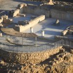 Aerial view of the Masada fortress rising above the Judean Desert near the Dead Sea in Israel