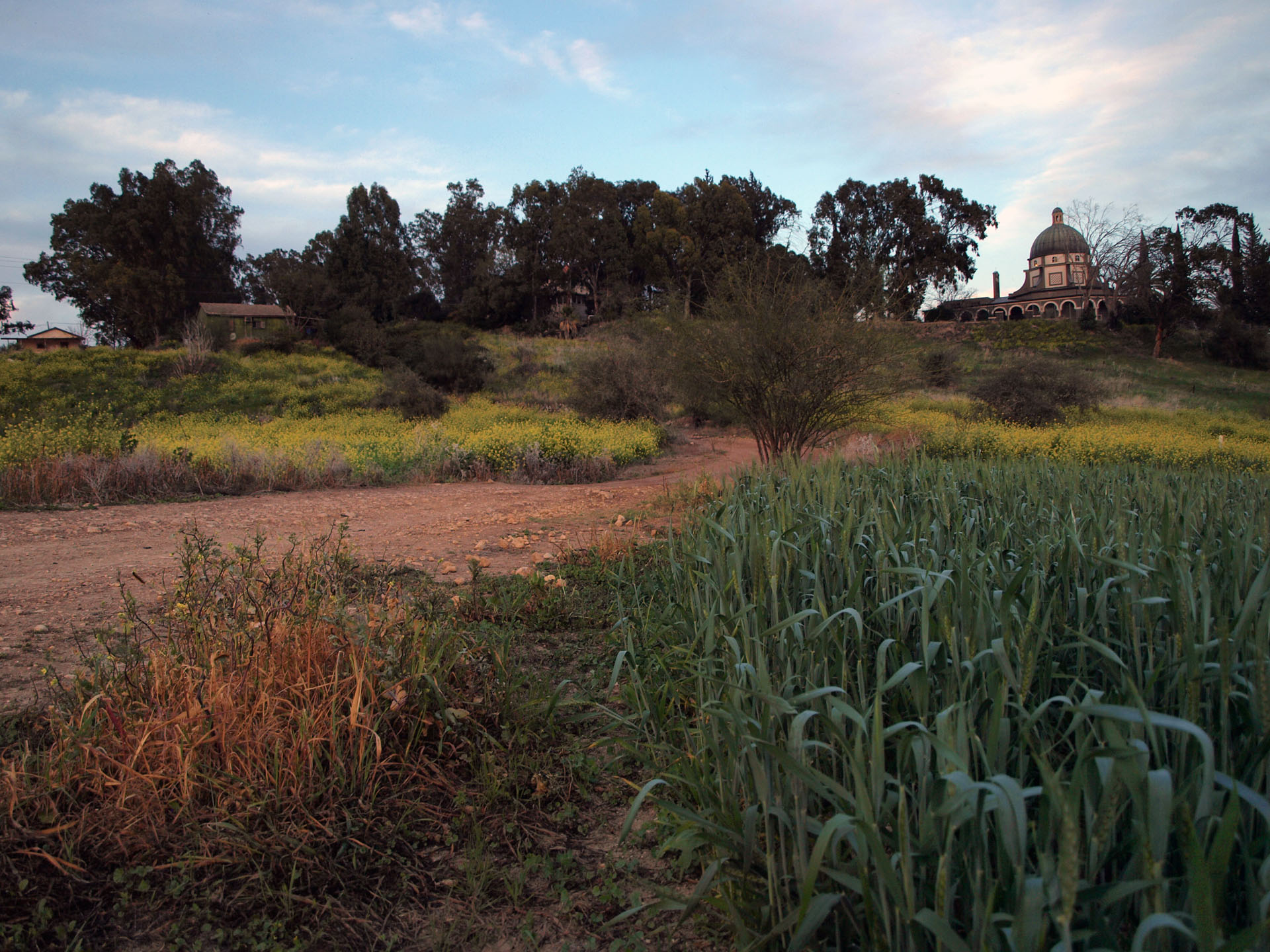 The Church of the Beatitudes and gardens on the Mount of Beatitudes above Galilee
