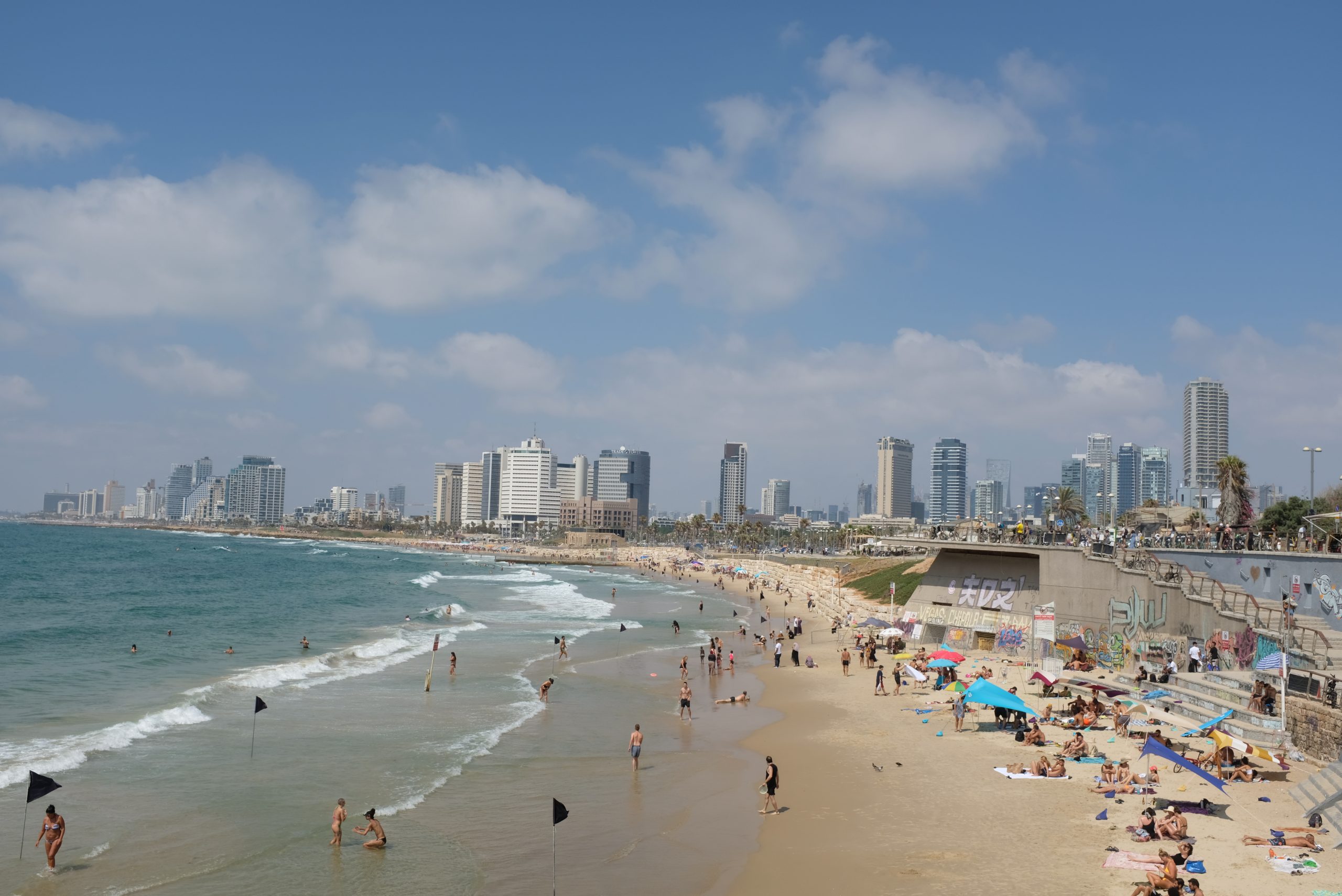 Tel Aviv beaches along the Mediterranean with the city skyline behind