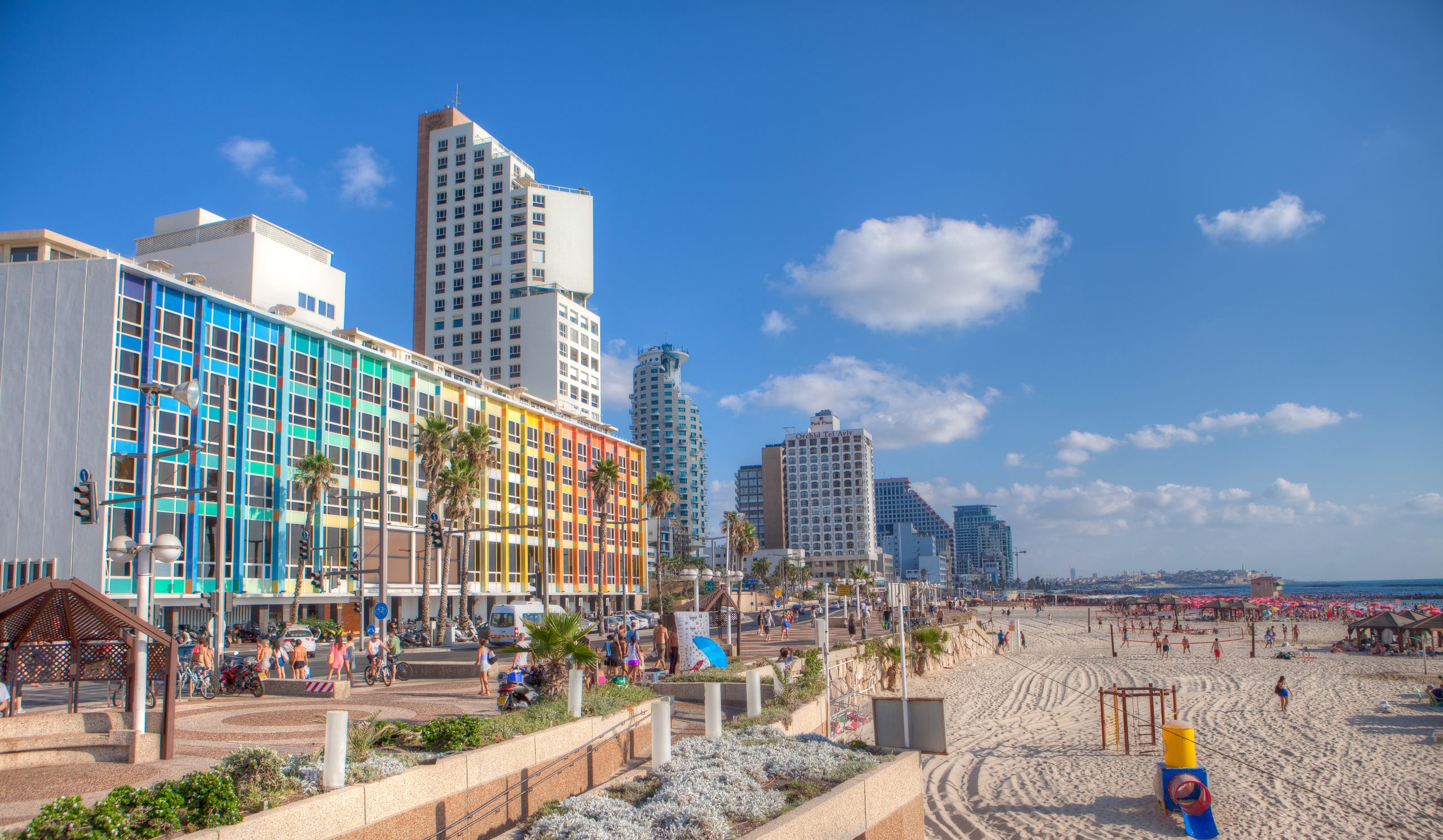 The Tel Aviv beachfront promenade running along the Mediterranean shore