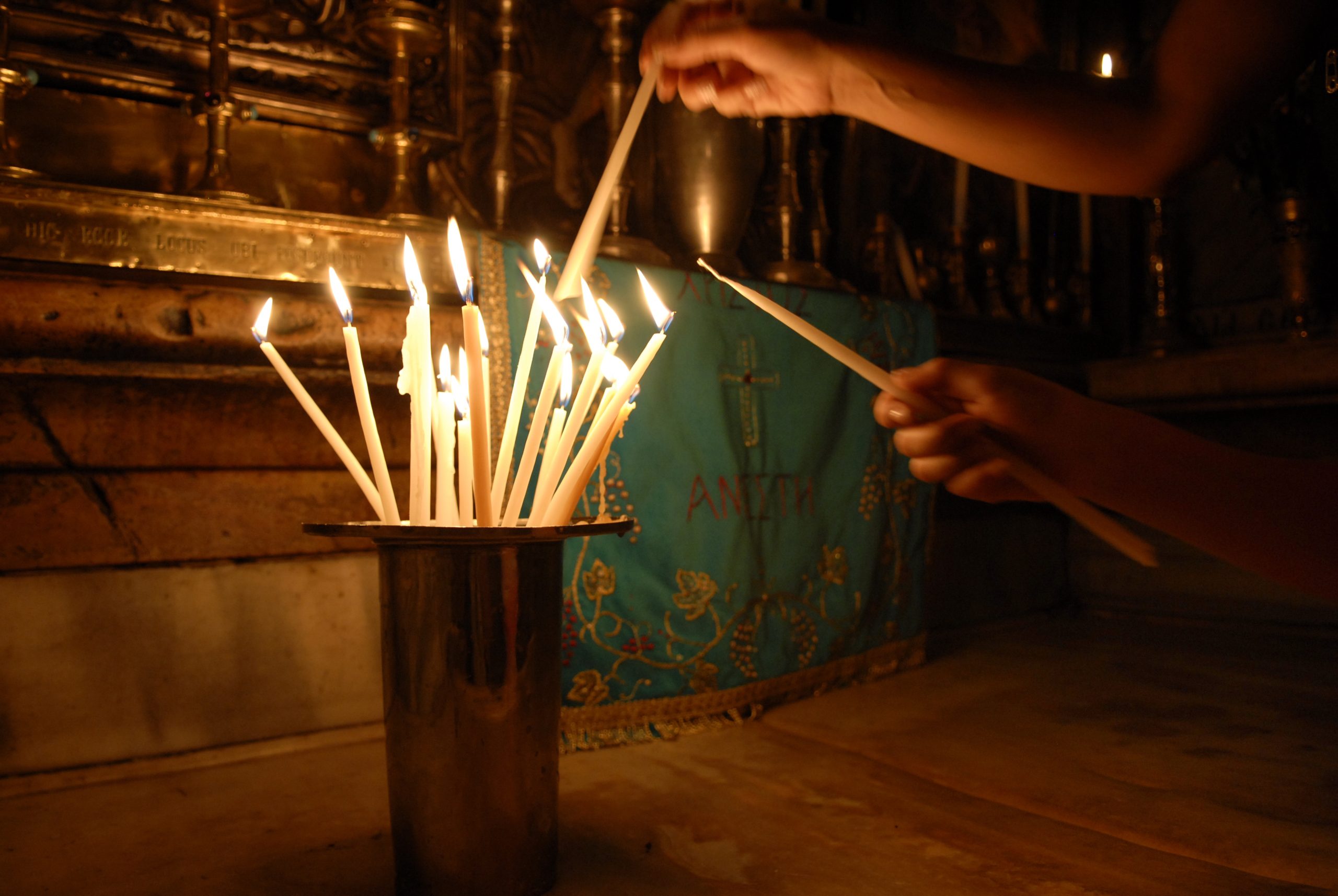 The interior of the Tomb of Jesus inside the Aedicule at the Church of the Holy Sepulchre in Jerusalem